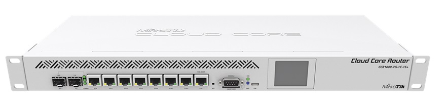 MikroTik CCR1009-7G-1C-1S+ / Router 8-Puertos | 2405 - Cloud Core Router con 7-Puertos Ethernet Gigabit, 1-Puerto Combinado (LAN/SFP) Gigabit, 1-Puerto SFP+ 10G, 1-Puerto USB, 1-Puerto Serial RS232, Procesador TLR4-00980 9-Core a 1200Mhz