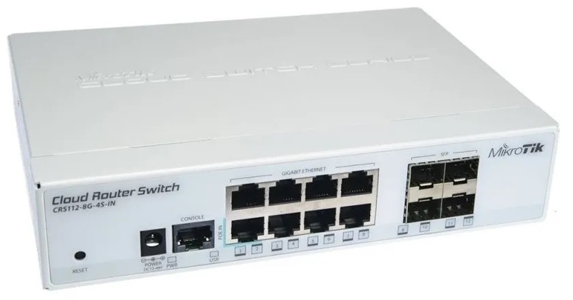 MikroTik CRS112-8G-4S-IN / Switch  8-Puertos | 2405 - Cloud Router Switch Capa 3, 8-Puertos de Red Gigabit, 4-Puertos SFP Gigabit, 1-Puerto Serial RJ45, PoE Pasivo, Procesador QCA8511 400MHz, Memoria RAM 128MB, Memoria de Almacenamiento 16MB