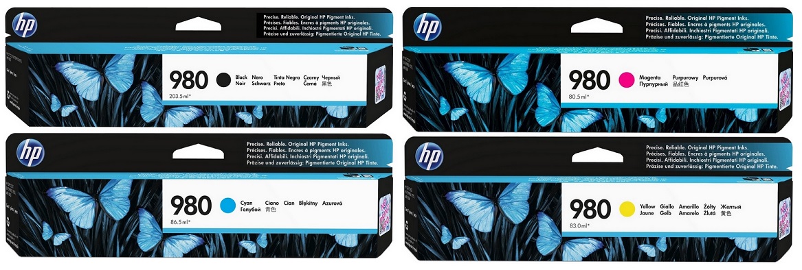 Tinta para HP OfficeJet X555 / HP 980 | 2402 - Tinta para HP OfficeJet Enterprise X555. El Kit Incluye: D8J07A Cian, D8J08A Magenta, D8J09A Yellow, D8J10A Negro. Rendimiento: Color 6.600 / Negro 10.000 Páginas al 5%. HP X555dn X555xh 
