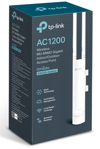 Access Point TP-Link EAP225 / Outdoor | 2301 - Punto de Acceso Wireless 802.11ac 1200 Mbps, Tecnología 2×2 MIMO, PoE Support, 1x Puerto LAN Gigabit, Nivel de protección: Intemperie IP65, Montaje: Poste / Pared, Antenas: 2x 3dBi (2.4GHz), 2x 4dBi (5GHz)