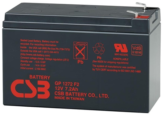 Baterias AGM 12V/7.2Ah - CSB GP1272F2 | 2110 - Batería CSB Sellada libre de mantenimiento, Tecnología Absorbent Glass Mat (AGM), 12V/7.2Ah @ 20-Hr Rate, Larga vida y gran confiabilidad