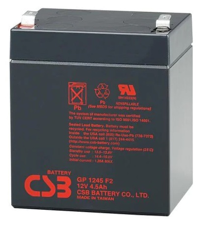 Bateria 12V/  4.5Ah – CSB GP 1245 F2 AGM | 2304 - Batería de plomo ácido regulada por válvula, 12V/4.5h @ 20-Hr Rate, Tecnología Absorbent Glass Mat (AGM), Terminal: F1/F2-Faston Tab187/250, Material del contenedor: ABS (UL94-HB)
