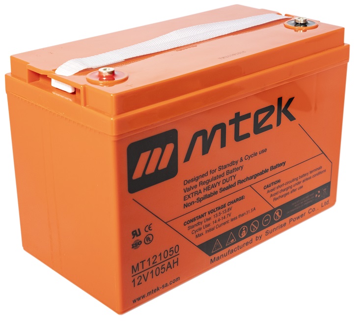 Batería 12V-105Ah / MTEK MT121050 AGM | 2304 - Batería de plomo ácido regulada por válvula (VRLA), Sellada libre de mantenimiento, Tecnología Absorbent Glass Mat (AGM), 12V/105Ah @ 20-Hr Rate