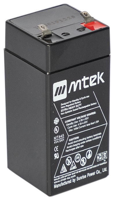 Batería  4V/   4.5Ah – MTEK MT445 AGM | 2304 - Batería de plomo ácido regulada por válvula (VRLA), Sellada libre de mantenimiento, Tecnología Absorbent Glass Mat (AGM), 4V/4.5Ah @ 20-Hr Rate. Las baterías AGM son las más recomendadas para uso en UPS