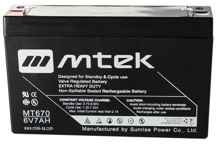 Batería  6V/7.0Ah – MTEK MT670 AGM | 2110 - Baterías MTek de Plomo-Acido, Regulada por válvula (VRLA), Sellada libre de mantenimiento 