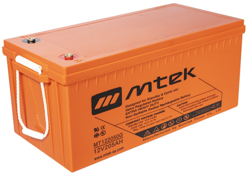 Batería 12/205Ah – MTEK MT122050G GEL | 2110 - Baterías MTek de Plomo-Acido para Sistemas Solares & Eólicos, Regulada por válvula (VRLA), Sellada libre de mantenimiento 