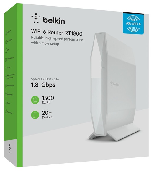 Router Belkin RT1800 Dual Band / Wi-Fi 6 / 1800 Mbps | 2211 - Router Wi-Fi 6 802.11ax AX1800 Dual Band con 2-Antenas internas, Wi-Fi 802.11ax, Velocidad 1800Mbps, 4-Puertos LAN Gigabit, 1-Puerto WAN Gigabit, Procesador 2-Core 800Mhz, Memoria RAM 256MB 