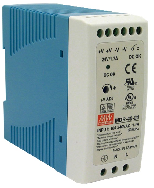 Fuente de poder Industrial – Mean Well MDR-40-24 / 40W | 2108 - Fuente de poder Industrial Riel Din de 24VDC/40W, permite que su dispositivo electrónico funcione utilizando corriente continua en lugar de corriente alterna.