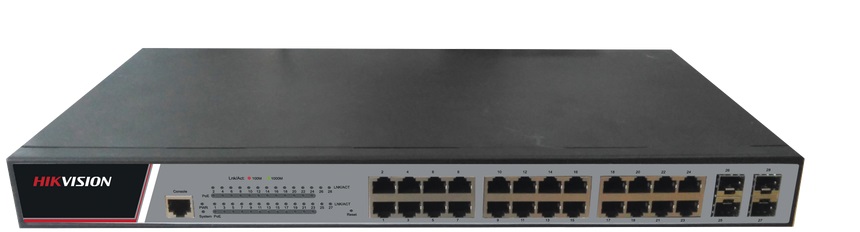  Switch 28-puertos - Hikvision DS-3E2528P | 2202 – Switch 28-port, Administrable, Puertos: 24x PoE de 10/100 Mbps + 4x SFP, MAC: 8K, Conmutación: 56 Gbps, Reenvío: 42 Mpps, VLAN: 4096 VLAN; GVRP; QinQ; VLAN privada, Consola, Telnet, SSH2.0, Web