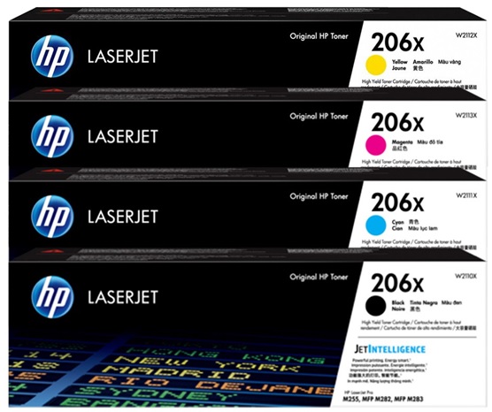 Toner para HP LaserJet Pro M282fdw / HP 206X | 2203 - Toner Original HP 206X. El Kit Incluye: W2110X Negro, W2111X Cian, W2112X Amarillo, W2113X Magenta. Rendimiento Estimado: Negro 3.150 Pag. Color 2.450 Paginas al 5%. 