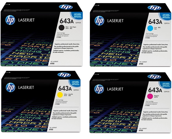 Toner para HP LaserJet 4700dn / HP 643A | 2203 - Toner Original HP 643A. El Kit Incluye: Q5950A Negro, Q5951A Cian, Q5952A Amarillo, Q5953A Magenta. Rendimiento Estimado: Negro 11.000 Paginas / Color 10.000 Paginas al 5%.. 4700dtn 4700ph+ 