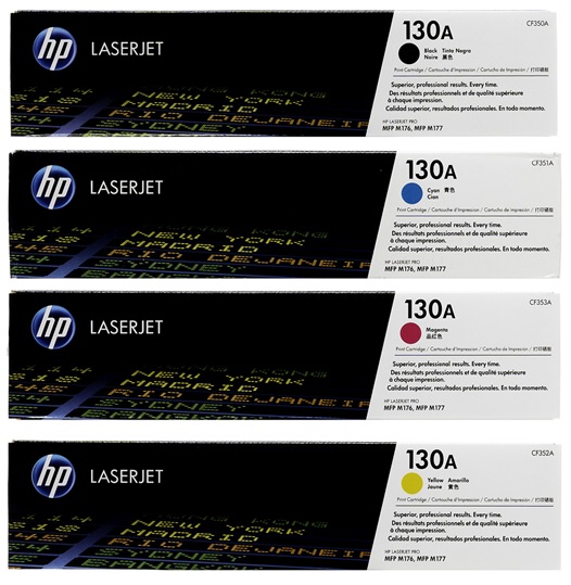 Toner para HP LaserJet Pro M176 / 130A | 2203 - Toner Original HP 130A. El Kit Incluye CF350A Negro, CF351A Cian, CF352A Amarillo, CF353A Magenta. Rendimiento Estimado: Negro 1.300 Páginas / Color 1.000 Páginas al 5%. 