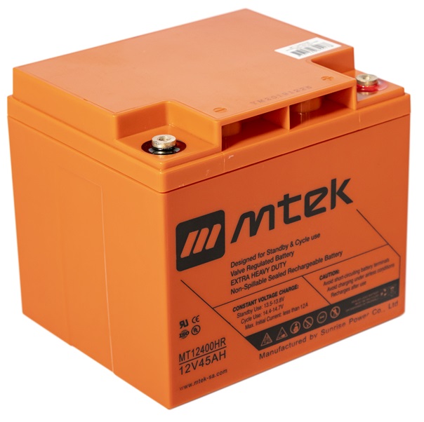 Batería AGM 12V/45Ah - MTEK MT12400HR | 2110 - Batería de plomo ácido regulada por válvula (VRLA), Sellada libre de mantenimiento, Tecnología Absorbent Glass Mat (AGM), 12V/45Ah @ 20-Hr Rate 