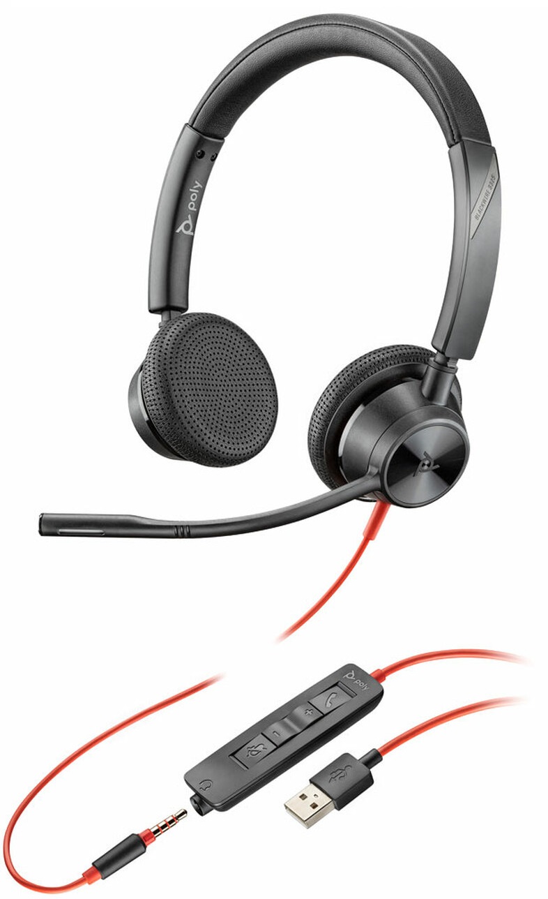 Diadema Poly Blackwire 3325 / 214016-101 | 2203 – Diadema Estéreo, Binaural, Altavoz: 32 mm, Impedancia: 32 Ω, Frecuencia: 20Hz – 20KHz, Micrófono flexible con cancelación de ruido, Protección acústica SoundGuard, Conexión: de USB-A / 3.5 mm