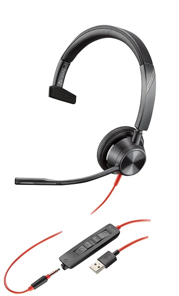 Diadema USB Monoaural / Poly Blackwire 3315 | 2306 - 214014-101 / Auricular Poly Plantronics, Diseño monoaural, Conexión USB-A & 3.5 mm, Certificado para Microsoft Teams, Micrófono boom de brazo flexible con cancelación de ruido