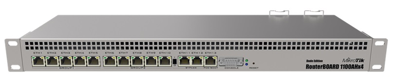 RouterBoard 13-Puertos - MikroTik RB1100AHX4-DE | 2109 - Enrutador MikroTik Dude Edition, 13-Puertos de Red Gigabit, 2-Puertos SATA3, 1-Puerto Serial RS232, PoE 802.3at/af, SSD 60GB M.2, Procesador 4-Core AL21400 1400Mhz, Memoria RAM 1GB, Memoria