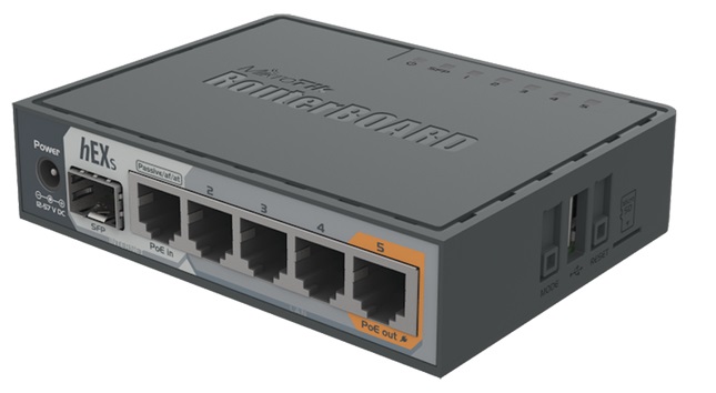 RouterBoard MikroTik hEX S RB760IGS / 5-Port | 2205 - Router HEX S con 5-Puertos de Red Gigabit, 1-Puerto SFP Gigabit, 1-Puerto USB, PoE 802.3af, Procesador 2-Core MT7621A 880Mhz, Memoria RAM 256MB, Memoria de almacenamiento: 16MB, Lector microSD 
