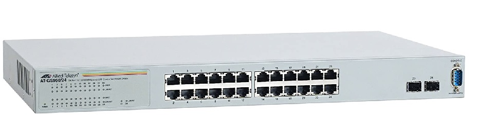  Switch 24 Puertos - Allied Telesis AT-GS950/24-10 | 2111 - WebSmart Switch, Capa 2, 24-Puertos LAN Gigabit, 4-Puertos SFP Gigabit Combo, Tasa de reenvío: 35.71 Mpps, Capacidad de conmutación: 48 Gbps, Interfaz gráfica de usuario (GUI) 