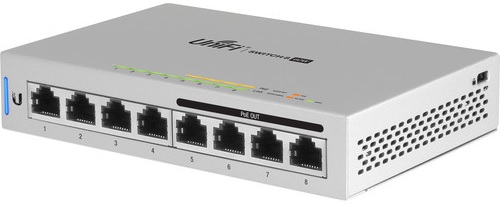 Switch Administrable PoE con SFP - Ubiquiti US-8-150W |  Puertos: 4x Gigabit Ethernet, 4x Gigabit Ethernet PoE (Tipo 1), Tasa de reenvío: 11.9 Mpps, Ancho de banda: 16 Gb/s, 8 Gb/s (sin bloqueo), Potencia: 12 W (activo) 