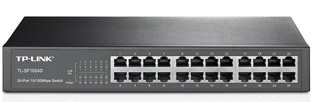  Switch 24 Puertos - TP-Link TL-SF1024D | 2211 - Switch No Administrable con 24 Puertos LAN 10/100, Funciones de Capa 2, Capacidad de Conmutación: 4.8 Gbps, Capacidad de Procesamiento: 3.57 Mpps, Tabla MAC Address: 8K, Memoria Búfer: 2Mb