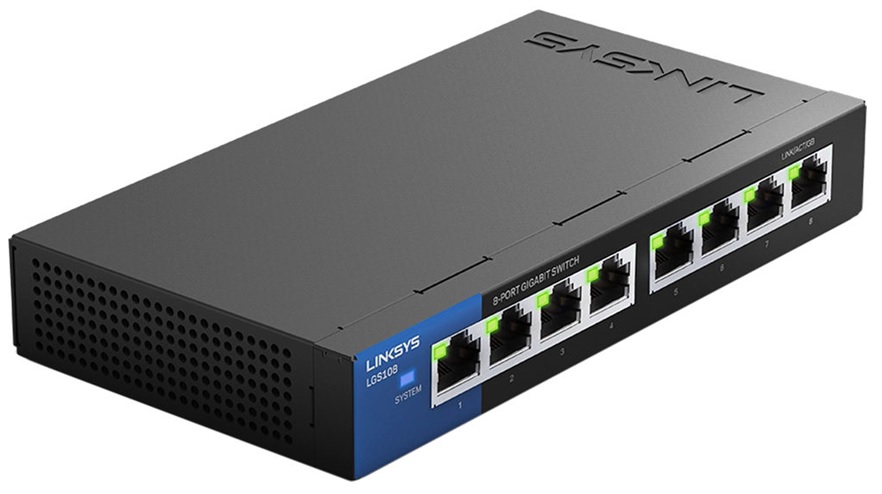 Switch 8 Puertos – Linksys LGS108 | 2303 - Switch Gigabit No Administrable con 8-Puertos LAN Gigabit, Funciones de Capa 2, Capacidad de conmutación: 16 Gbps, Capacidad de Procesamiento: 1.48 Mpps, Tabla de direcciones MAC: 8K