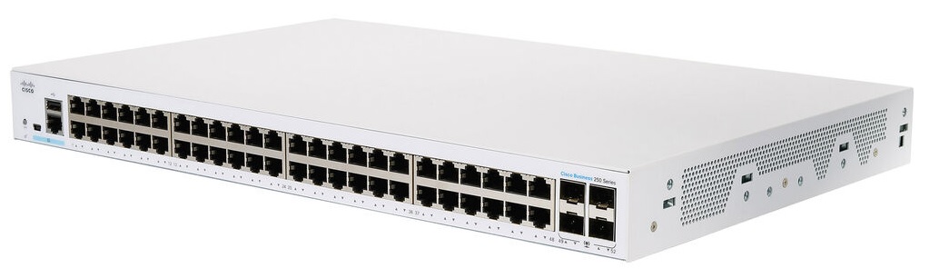 Switch 48-Puertos / Cisco CBS250-48T-4G-NA | 2309 - Switch Administrable Cisco Business 250 con 48-Puertos LAN Gigabit, 4-Puertos SFP Gigabit, Capa 2 y 3, Conmutación 104 Gbps, Procesamiento 77.38 Mpps, Memoria RAM 512 MB, MAC 8K, Jumbo Frame 9K