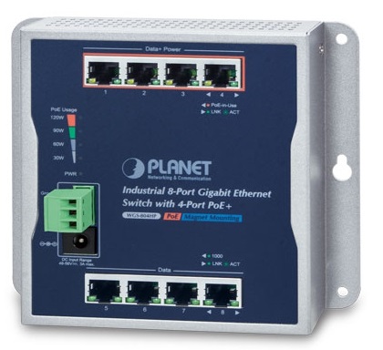  Switch Industrial PoE 8-Puertos - Planet WGS-804HP | 2110 - Switch PoE Industrial de Pared, 4x Puertos LAN Gigabit, 4 Puertos LAN Gigabit (PoE+ 120W), Capacidad de conmutación: 16Gbps, Rendimiento: 11.9 Mpps, MAC Address Table: 8K, Jumbo Frame 9K