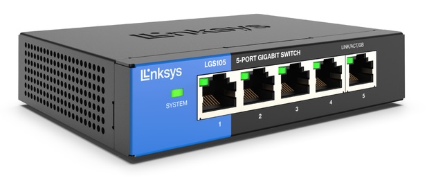Switch  5 Puertos - Linksys LGS105 | 2211 - Switch No Administrable con 5-Puertos LAN Gigabit, Funciones Capa 2, Conmutación: 10 Gbps, Procesamiento: 1.49 Mpps, Tabla MAC: 2k, Calidad de Servicio QoS, Consumo 2.2W, Conexión Plug & Play