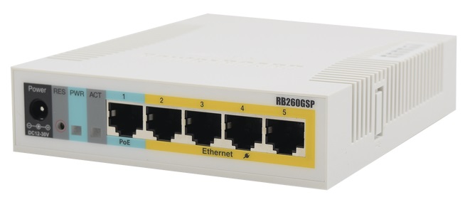 Switch PoE  5-Puertos - MikroTik RB260GSP | 2309 - RB260GSP / Smart Switch con 5-Puertos de Red Gigabit, 1-Puerto SFP Gigabit, PoE de salida por Puertos 2 al 5, Memoria de Almacenamiento 128KB, Certificaciones: CE/RED, EAC, ROHS. CSS106-1G-4P-1S 