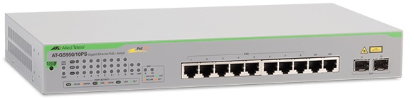  Switch PoE 10-Puertos - Allied Telesis AT-GS950/10PS-10 | 2208 - Switch Administrable PoE , Capa 2, 8-Puertos LAN Gigabit (PoE+ 75W), 2-Puertos LAN Gigabit Combo, 2-Puertos SFP Gigabit Combo, Tasa de reenvío: 14.88 Mpps, Capacidad de conmutación 20Gbps