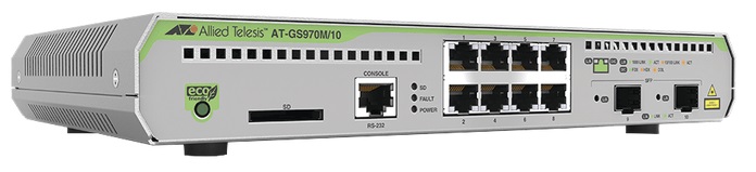  Switch PoE  8-Puertos - Allied Telesis AT-GS970M/10PS-R-10 | 2110 - Switch PoE Administrable Capa 3, 8-Puertos LAN Gigabit (PoE+ 124W), 2-Puertos SFP Gigabit, Tasa de reenvío: 14.9 Mpps, Capacidad de conmutación: 20 Gbps, Interfaz gráfica de usuario