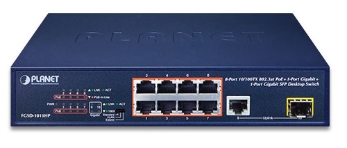  Switch PoE  8-Puertos - Planet FGSD-1011HP | 2110 - Switch no Administrable para escritorio, 8-Puertos 10/100Mbps Fast Ethernet (PoE+ 120W), 1-Puerto 10/100/1000BASE-T Gigabit Ethernet, 1x Puerto SFP mini-GBIC Gigabit, Capacidad de conmutación 5.6Gbps