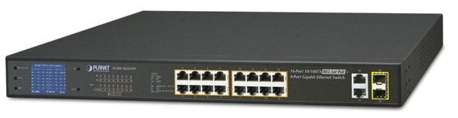 Switch PoE 16-Puertos – Planet FGSW-1822VHP | 2211 - Switch No Administrable con funciones de capa L2, Optimizado para Videovigilancia IP, 16-Puertos LAN 10/100 PoE+, 2-Puertos LAN Gigabit, 2-Puertos LAN/SFP Gigabit, Presupuesto PoE 300W