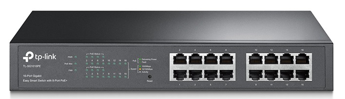 Switch PoE 16 Puertos - TP-Link TL-SG1016PE | 2211 - Switch Administrable con 16-Puertos LAN Gigabit (8-Puertos PoE+), Presupuesto PoE 110W, Funciones de Capa 2, Conmutación 32Gbps, Procesamiento 23.8Mpps, Memoria búfer 4.1Mb, Tabla MA 8K, 128 VLANs 