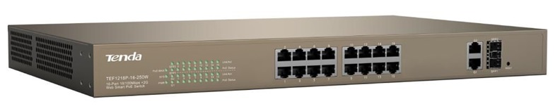Switch PoE 16-Puertos – Tenda TEF1218P-16-250W | Smart Switch Capa 2, 16-LAN Port 10/100 (PoE+ 250W), 2-LAN Port Gigabit, 1x SFP Port Gigabit Combo