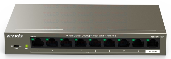 Switch PoE  9-Puertos - Tenda TEG1109P-8-102W | Switch para vigilancia IP, No Administrable Capa 2, 8x LAN Gigabit PoE, 1x LAN Gigabit No PoE, 18 Gbps, Tabla MAC: 16K, PoE 802.3af/at