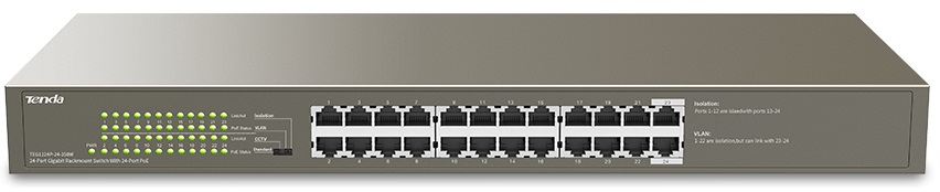 Switch PoE 24-Puertos - Tenda TEG1124P-24-250W | Administrable Capa 2, PoE+ 225W, Rendimiento 35.6Mpps, Conmutación 48Gbps, Tabla MAC 4K, RAM 4MB