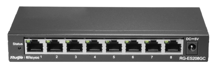 Ruijie RG-ES208GC / Switch 8-Puertos | 2310 - RG-ES208GC / Switch inteligente administrado por la nube, Optimizado para videovigilancia IP, 8-Puertos LAN Gigabit, Conmutación: 16 Gbps, Reenvío: 11.90 Mpps, Buffer: 1.5 Mb, Direcciones MAC 4K
