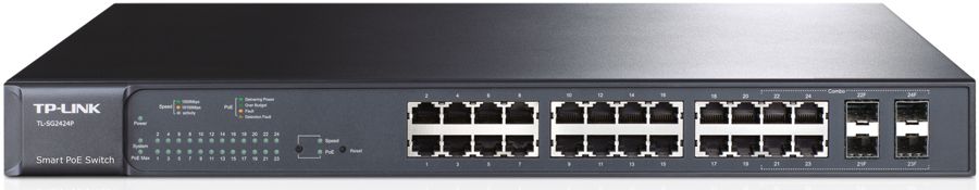  Switch PoE 24-Puertos - TP-Link T1600G-28PS / 4-SFP | 2108 - Switch TP-Link TL-SG2424P Administrable Capa 2, 24 LAN Port Gigabit PoE+, 4 SFP Port Gigabit, PoE+ 192W, 4K VLAN, QoS, IGMP Snooping, SSL y SSH cifrados, SNMP, RMON, Capacidad 56Gbps