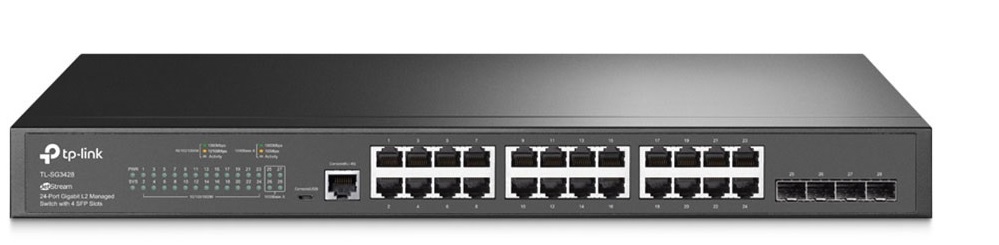  Switch 24 Puertos – TP-Link TL-SG3428 | 2211 - Switch Gigabit Administrable con 24-Puertos LAN Gigabit + 4-Puertos SFP, 1-Puerto de consola RJ45, 1-Puerto micro-USB, Funciones de Capa 2, Conmutación: 56Gbps, Procesamiento: 41.66 Mpps, Tabla MAC 16k 
