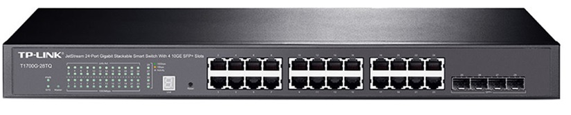  Switch 24-Puertos - TP-Link T1700G-28TQ / SFP+ 10G | Administrable Capa 2, 24 Lan Port Gigabit, 4 SFP+ Port 10G, Apilable (6-Unid), Velocidad full dúplex 20Gbps, Conmutación 128Gbps, Reenvío de paquetes 95.2Mpps, MAC 16k, Memoria de Paquetes 1.5MB