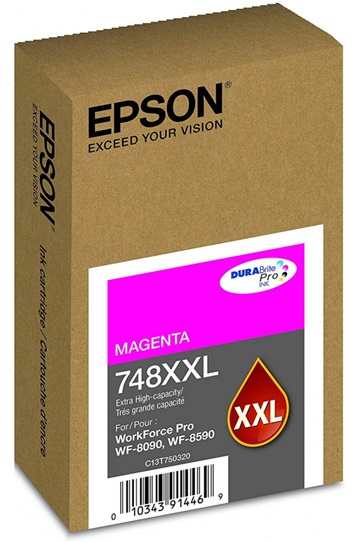 Tinta Epson 748XXL Magenta / 7k | 2301 - Cartucho de Tinta Original Epson T748XXL320 Magenta, Rendimiento Estimado 7.000 Páginas al 5%. Impresoras Compatibles: Epson WorkForce Pro WF-6090, WF-6590, WF-8090, WF-8590 C13T750320 