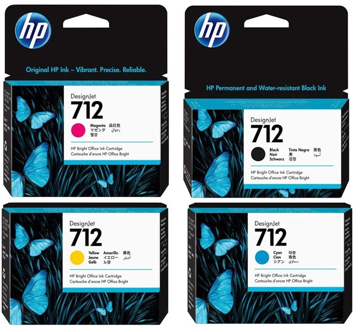 Tinta para Plotter HP Designjet T250 / HP 712 | 2110 - Cartuchos de Tinta Originales HP 712. El Kit incluye: 3ED67A Cian, 3ED68A Magenta, 3ED69A Amarillo, 3ED70A Negro, 3ED71A Negro