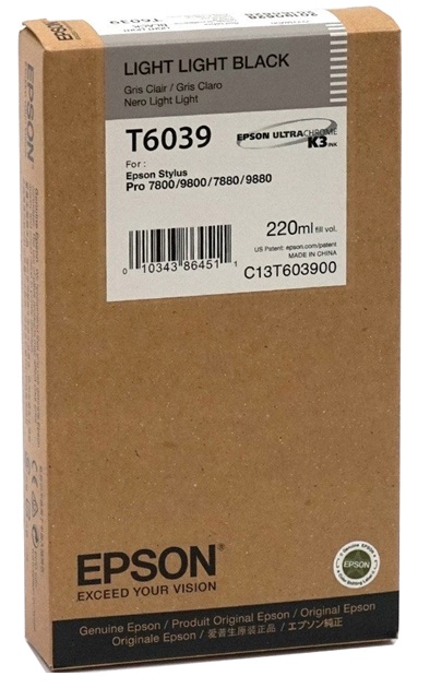 Tinta Epson T6039 Gris Claro / 220ml | 2301 - Cartucho de Tinta Original Epson T603900 Gris Claro de 220ml. Plotters Compatibles: Epson Stylus Pro 7800, 9800, 9880  