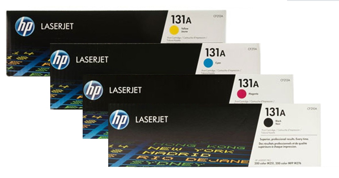 Toner para HP LaserJet Pro M276 / HP 131A | 2203 - Toner Original HP 131A. El kit Incluye: CF210A Negro, CF211A Cian, CF212A Amarillo, CF213A Magenta. Rendimiento estimado: Color 1800 Páginas / Negro 1600 Paginas al 5%. 