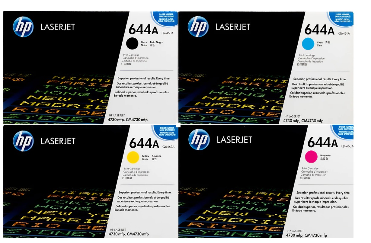 Toner para HP LaserJet CM4730 MFP / HP 644A | 2203 - Toner Original HP 644A. El Kit incluye: Q6460A Negro, Q6461A Cian, Q6462A Amarillo, Q6463A Magenta. Rendimiento Estimado: 12.000 Páginas Páginas al 5% (Negro & Color). 