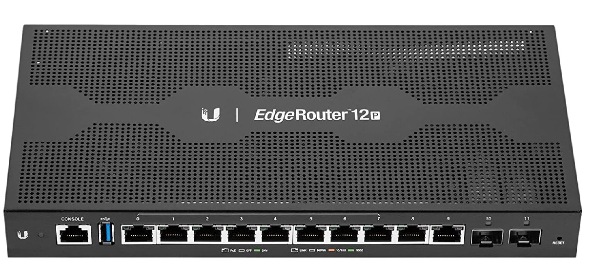 Router 68000 Mpps – Ubiquiti EdgeRouter 12P / ER-12P | 2110 - Router de 12 puertos, Capas: 2 y 3, Tasa: 68000 Mpps, 1x Ethernet, 10x Gigabit PoE, 2x Gigabit SFP PoE, 1x 5 Gb/s SFP, RAM: 1GB, Procesador: MIPS64 (1 GHz / 4-core), RAM: 1GB. ER12 