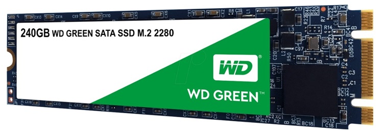 Disco SSD M.2 SATA  240GB - WD Green  WDS240G2G0B | 2203 - SSD Western Digital, Unidad de Estado Solido, Formato M.2 2280, Interface SATA III 6 Gb/s, Velocidad de lectura secuencial hasta 545 MB/s 