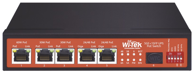 Switch PoE  5-Puertos - WI-TEK WI-PS306GF-UPS | 2110 - Switch PoE No Administrable, 5-Puertos LAN Gigabit (PoE+ 120W Total), 1-Puerto SFP Gigabit, Controlador para panel solar, Controlador de carga para baterías, Rendimiento: 8.94 Mpps, 12 Gbps 
